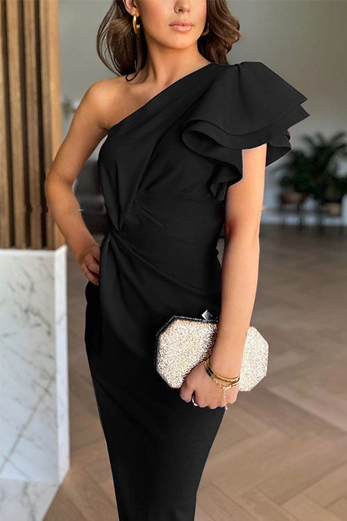 Caz - Vestido Midi con Hombros Descubiertos, Mangas Volantes y Abertura