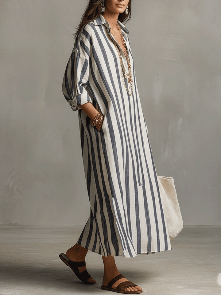 Camisa casual a rayas y vestido maxi de estilo bohemio