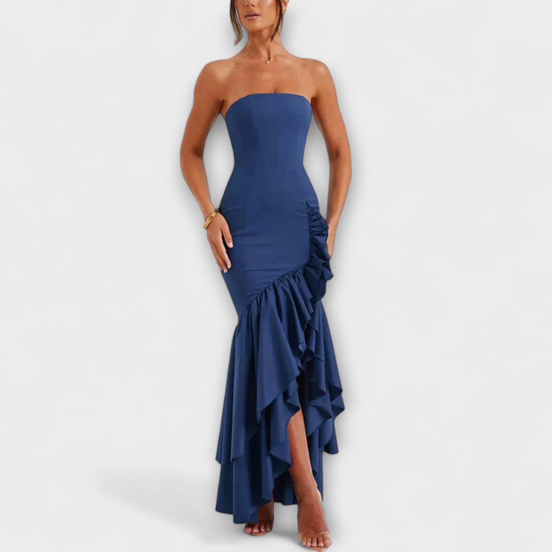Zuri - Vestido maxi con hombros descubiertos y dobladillo asimétrico