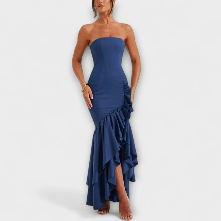 Zuri - Vestido maxi con hombros descubiertos y dobladillo asimétrico