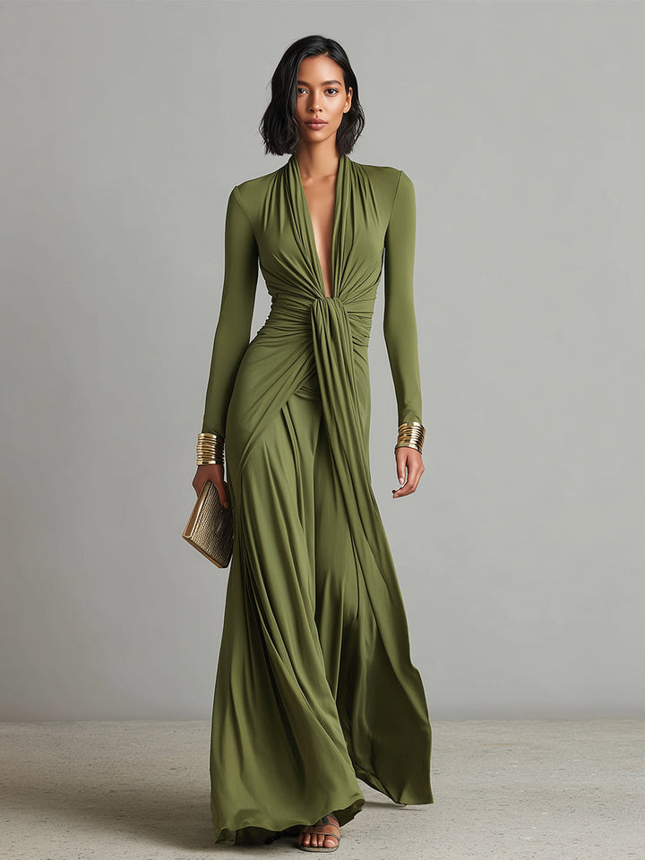 Maxivestido de seda verde oliva con escote en V