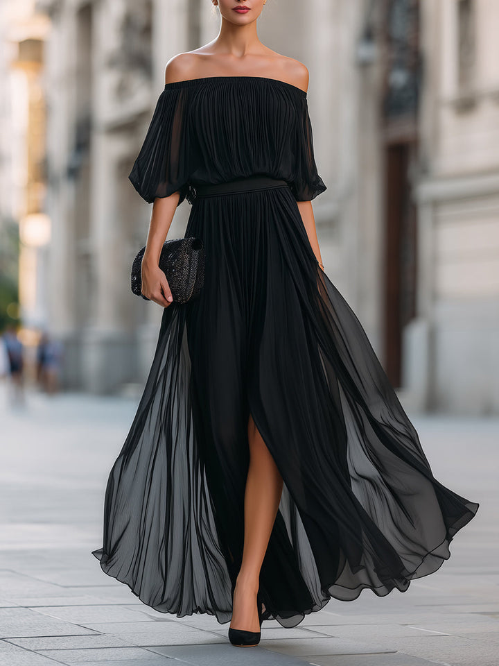 Annetta - Vestido Maxi de Chifón Negro con Pliegues y Hombros al Descubierto