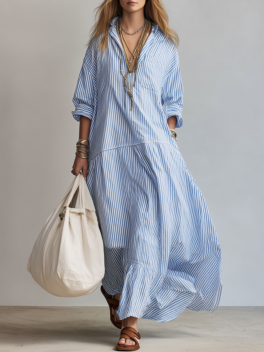 Vestido maxi de rayas azules de estilo camisero holgado