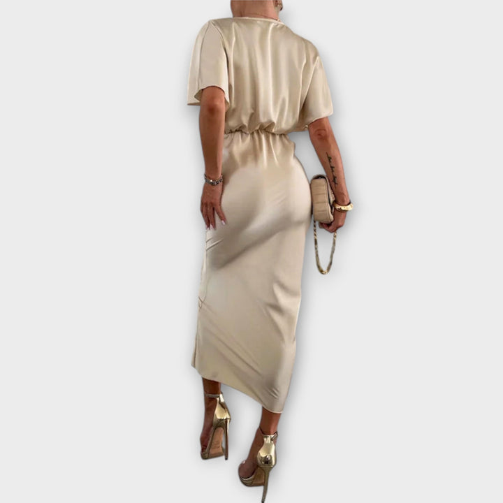 Sable - Vestido maxi con escote en V y nudo entrecruzado de satén rígido