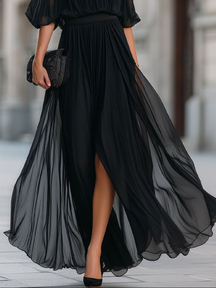 Annetta - Vestido Maxi de Chifón Negro con Pliegues y Hombros al Descubierto