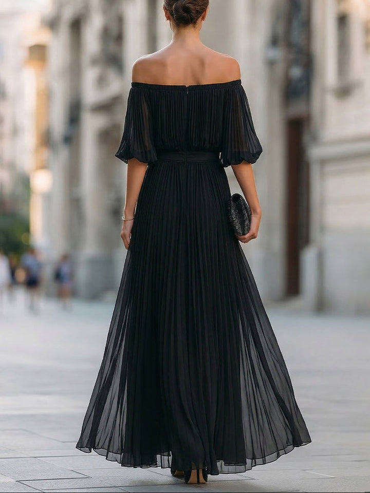 Annetta - Vestido Maxi de Chifón Negro con Pliegues y Hombros al Descubierto