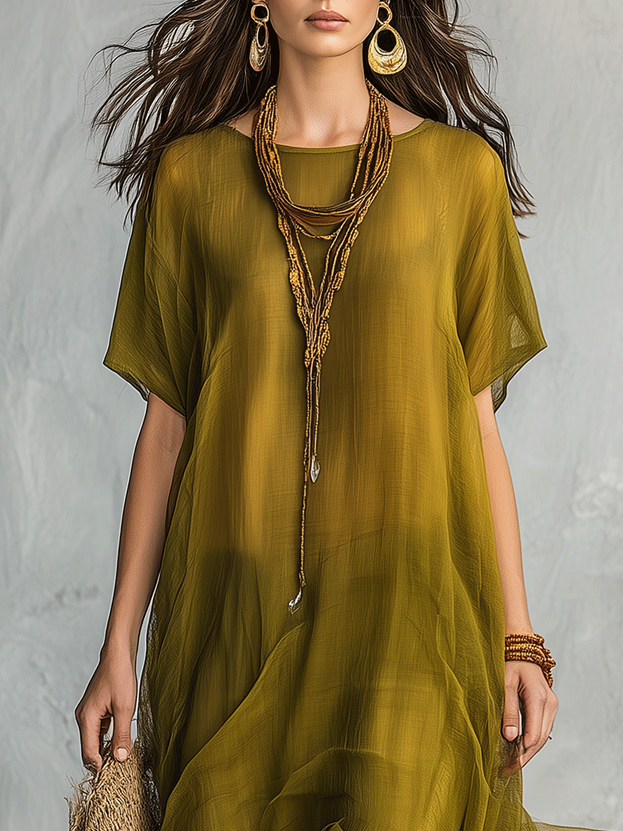 Vestido maxi bohemio verde oliva con silueta drapeada