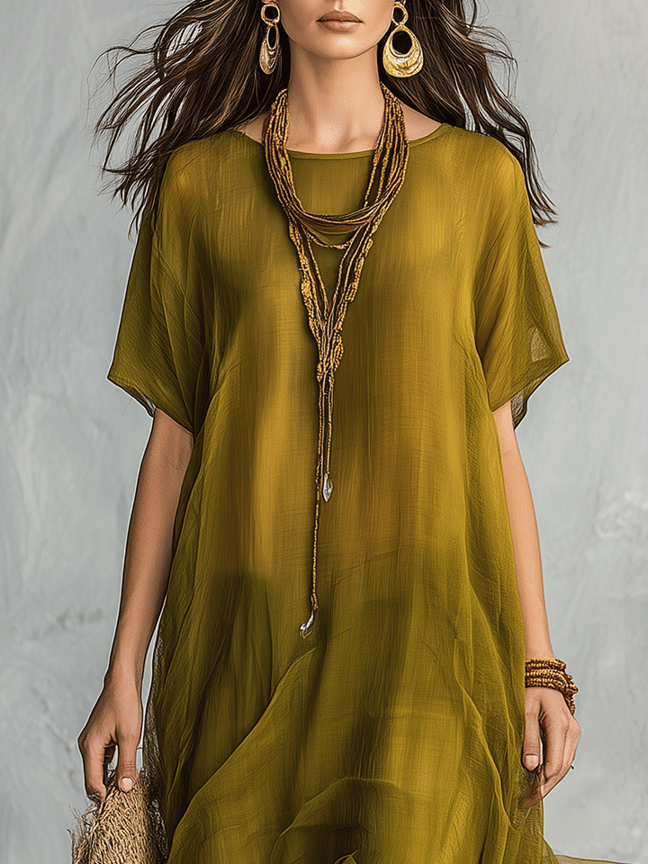 Vestido maxi bohemio verde oliva con silueta drapeada