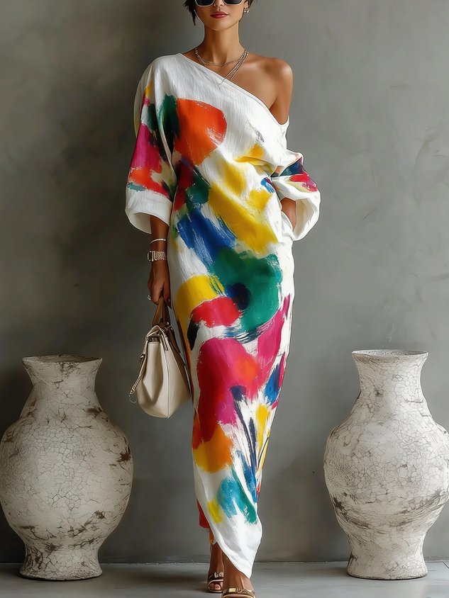 Vestido maxi asimétrico con estampado abstracto