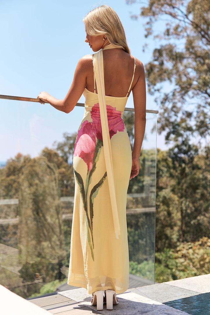 LILAH - VESTIDO MAXI AMARILLO DE MALLA