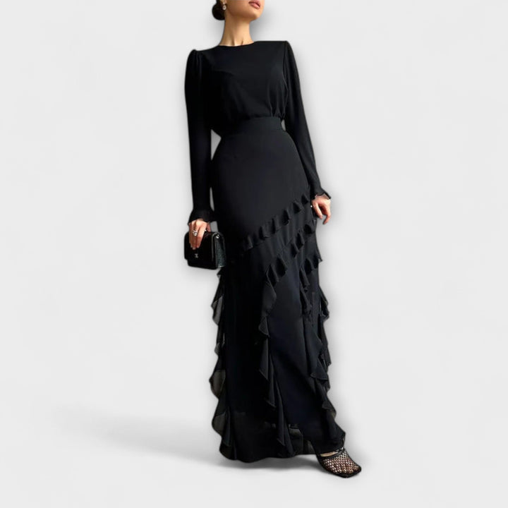 Fallon - vestidos largos entallados con volantes tridimensionales