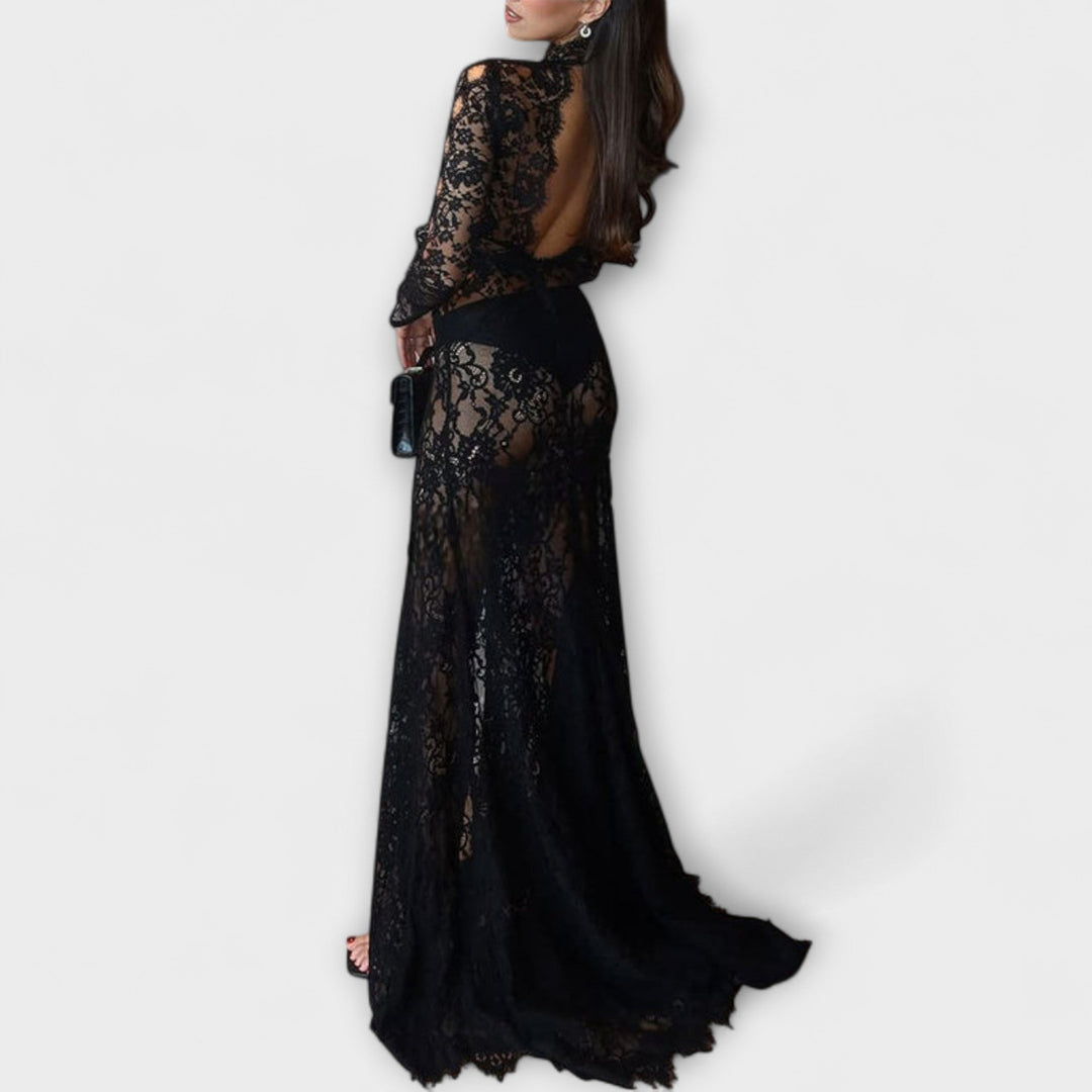 Azalea - Elegancia de Medianoche Vestido maxi de encaje transparente con manga larga y elastano