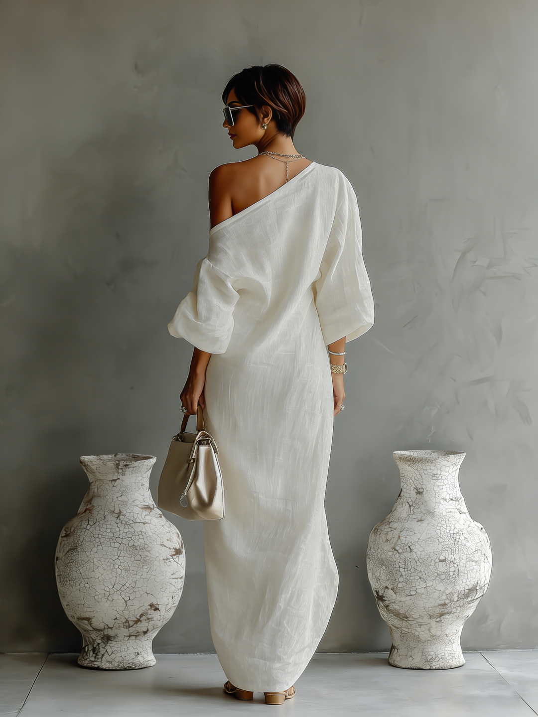 Vestido de Lino Marfil con Escote Bardot