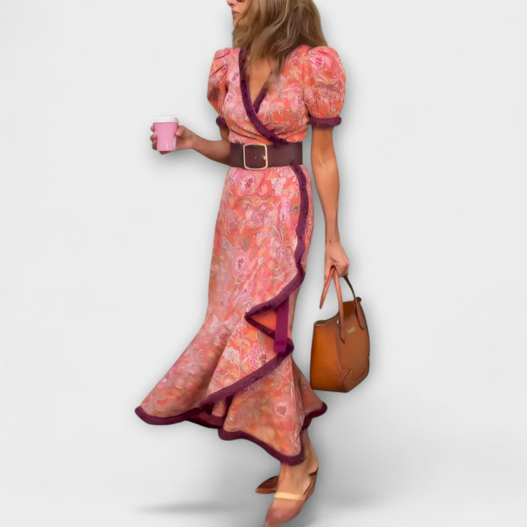 Vestido maxi rosa elegante con mangas cortas