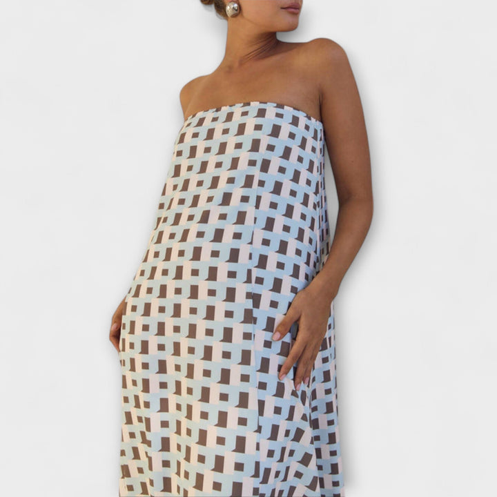 Marrón - Vestido maxi único con estampado geométrico y hombros descubiertos
