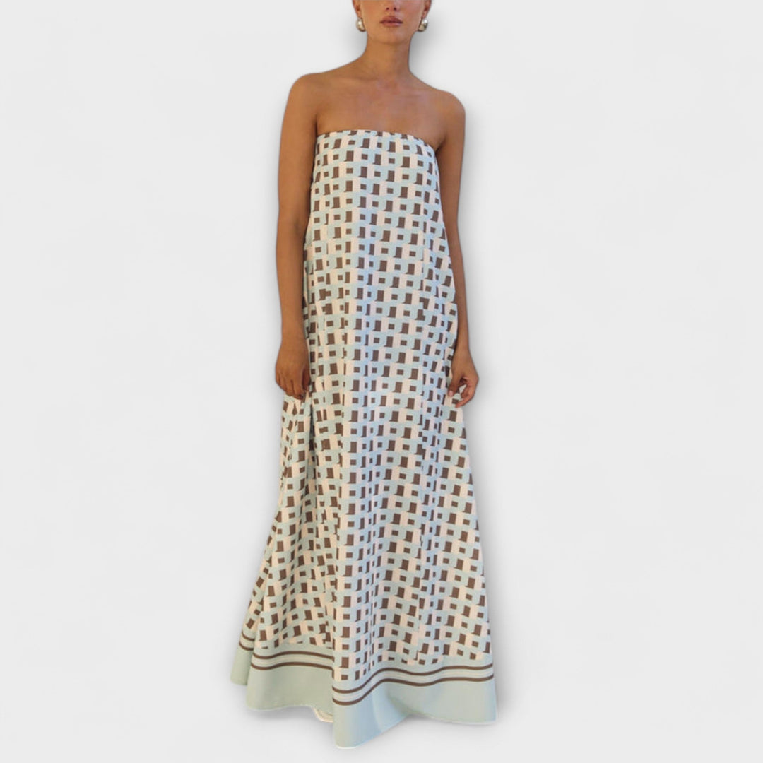 Marrón - Vestido maxi único con estampado geométrico y hombros descubiertos