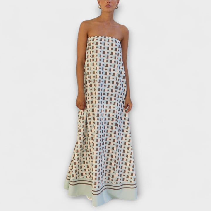 Marrón - Vestido maxi único con estampado geométrico y hombros descubiertos