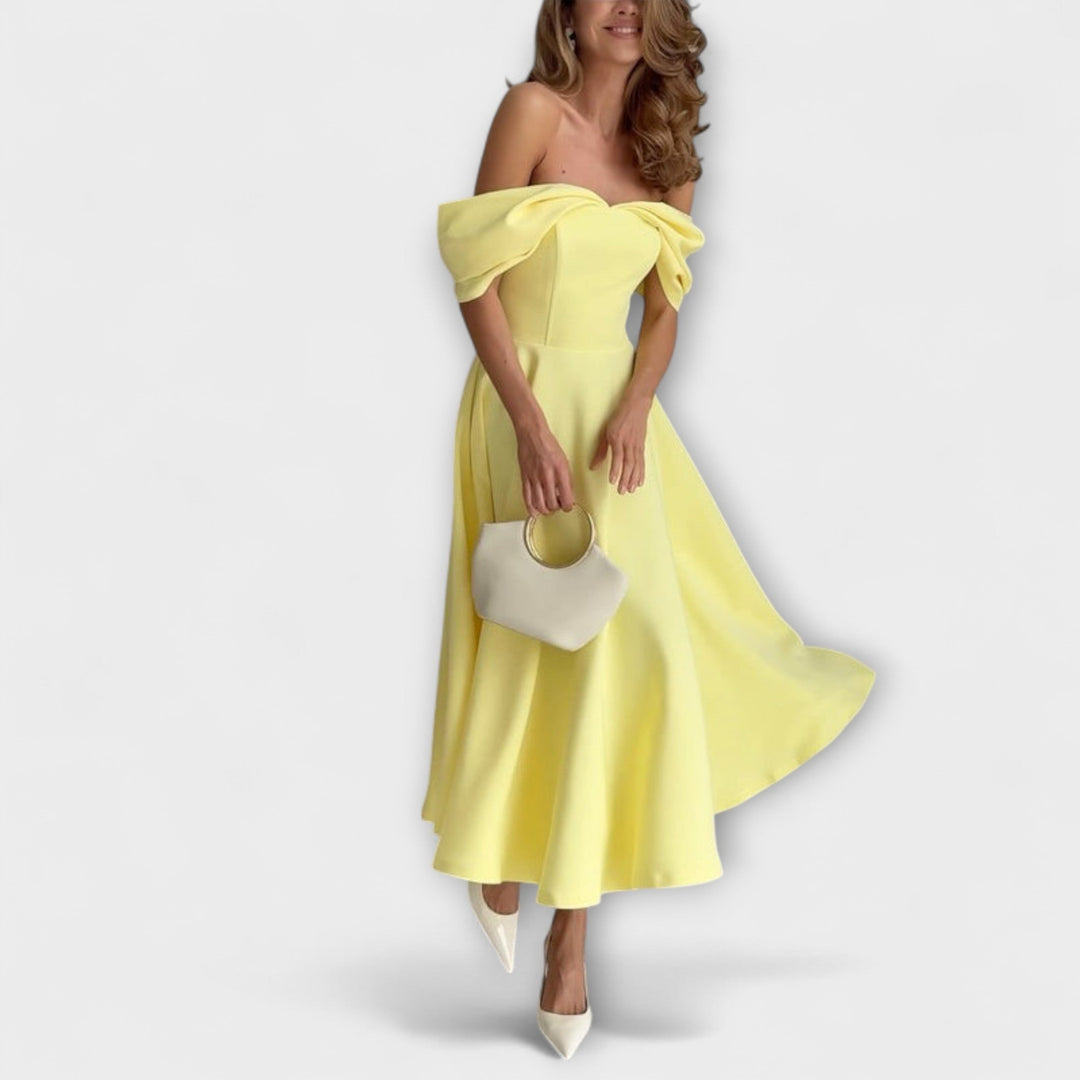 Romy - Vestido maxi chic de hombros descubiertos con drapeado
