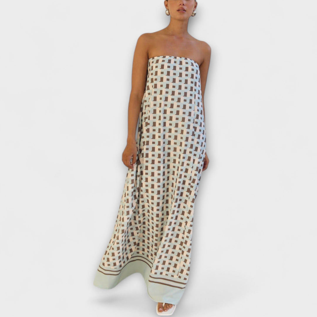 Marrón - Vestido maxi único con estampado geométrico y hombros descubiertos
