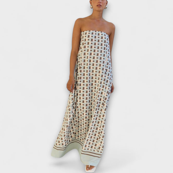 Marrón - Vestido maxi único con estampado geométrico y hombros descubiertos