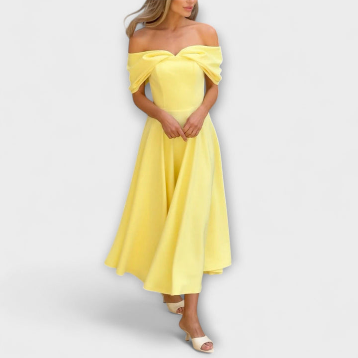 Romy - Vestido maxi chic de hombros descubiertos con drapeado