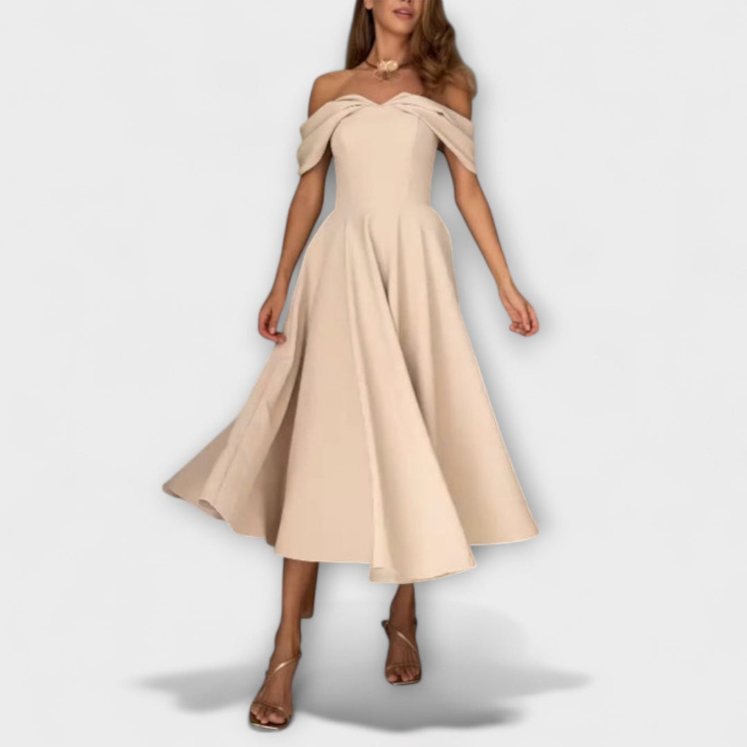 Romy - Vestido maxi chic de hombros descubiertos con drapeado