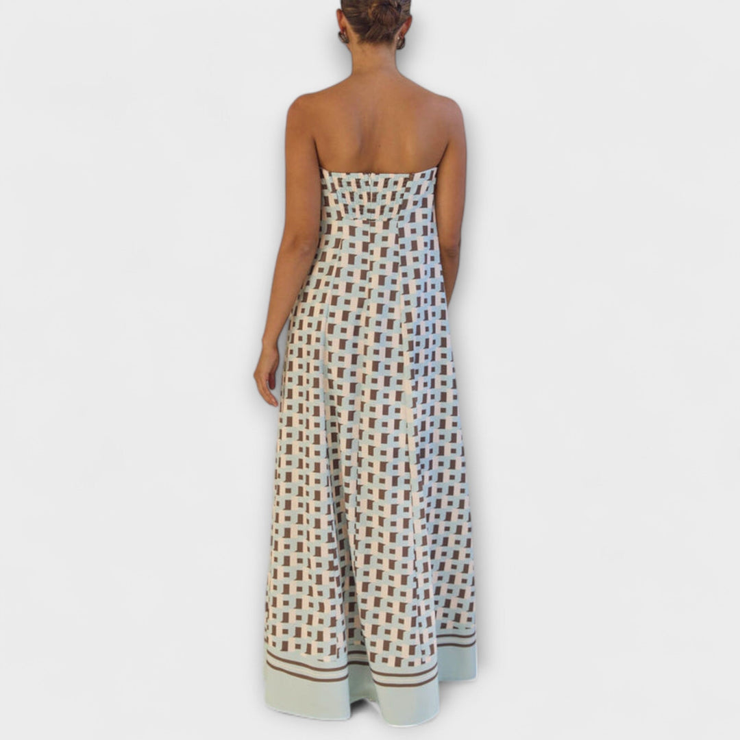 Marrón - Vestido maxi único con estampado geométrico y hombros descubiertos
