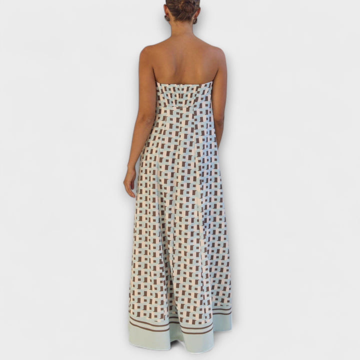 Marrón - Vestido maxi único con estampado geométrico y hombros descubiertos