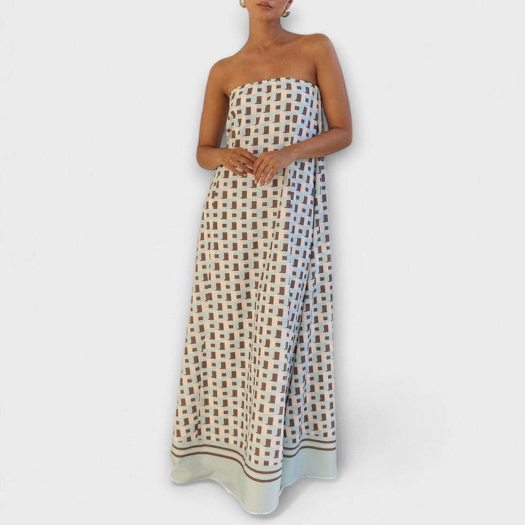 Marrón - Vestido maxi único con estampado geométrico y hombros descubiertos