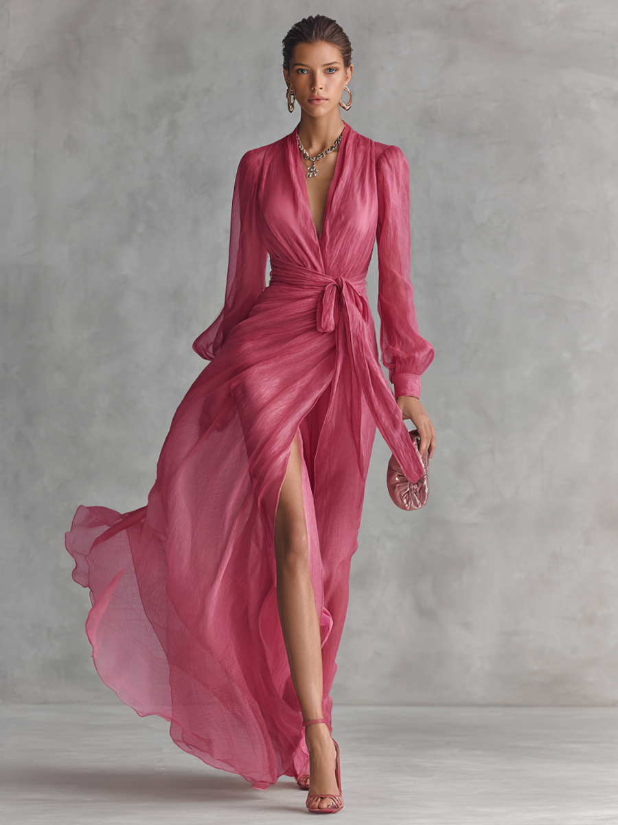 Vestido de chifón rosa con escote en V