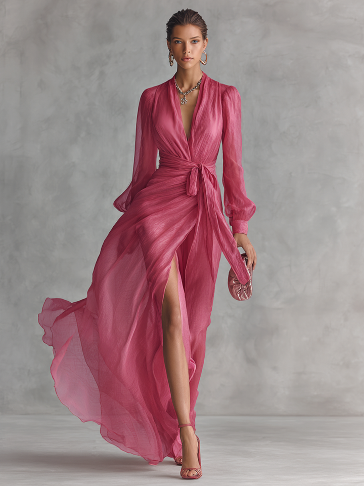 Vestido de chifón rosa con escote en V