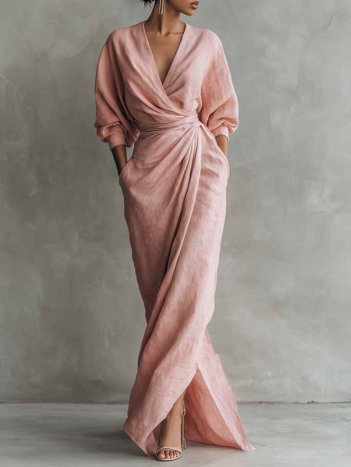 Maxivestido de lino rosa con escote en V