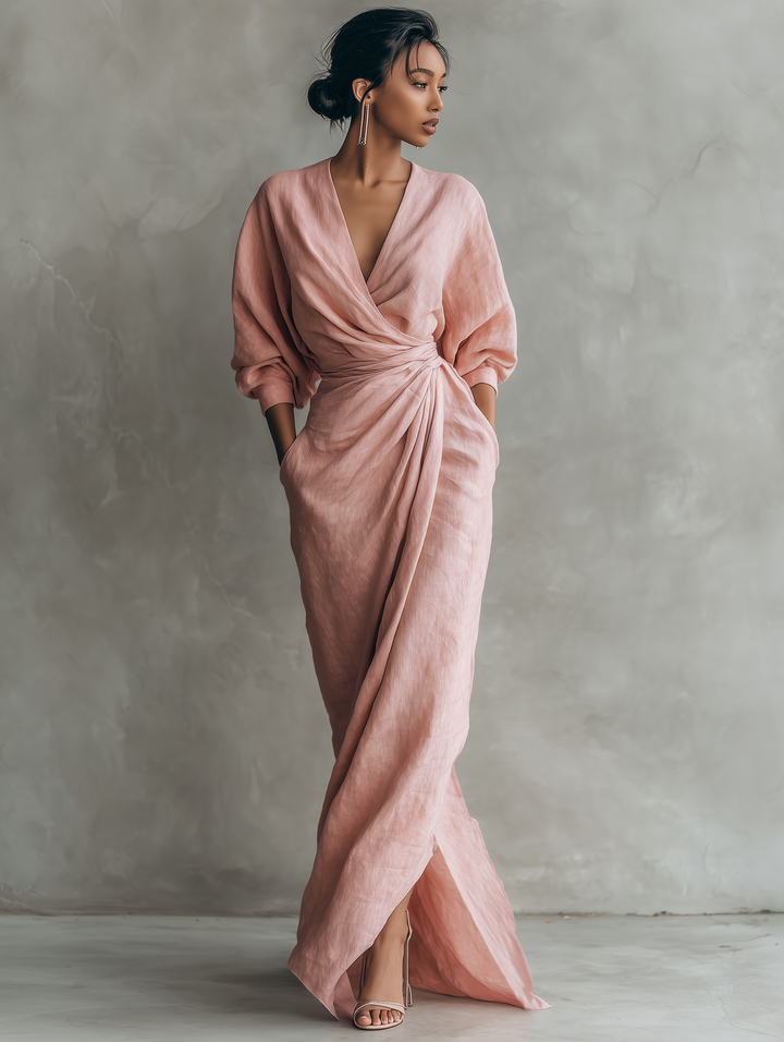Maxivestido de lino rosa con escote en V