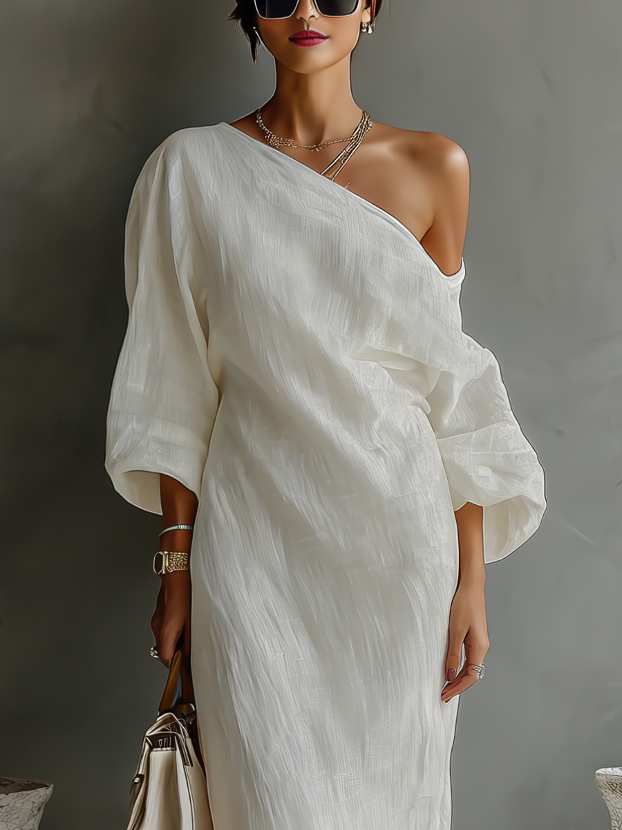 Vestido de Lino Marfil con Escote Bardot