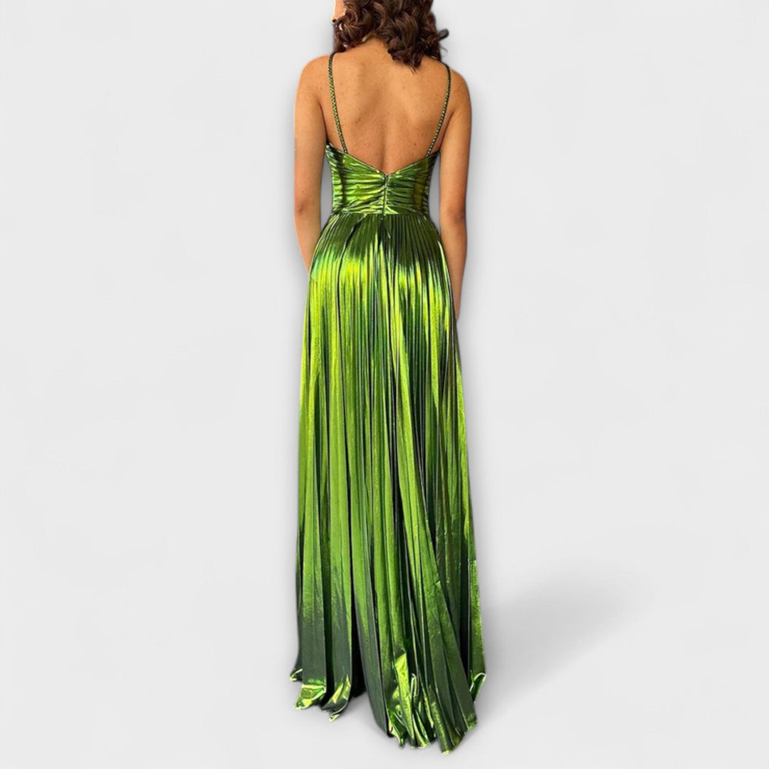 Vestido maxi con tela metálica