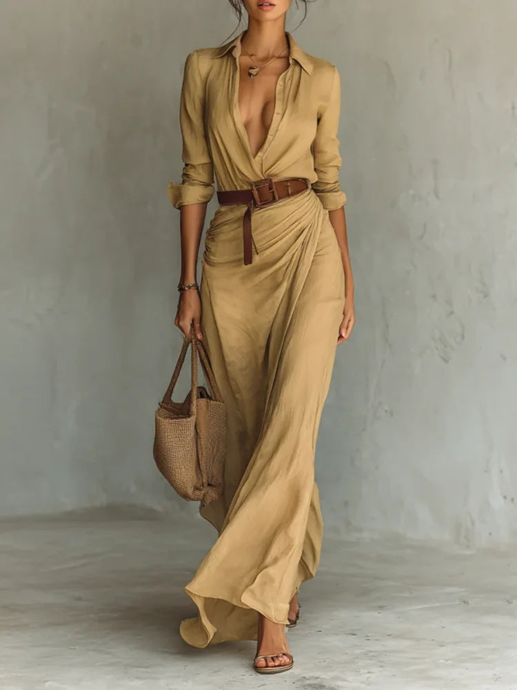 Kiara - Vestido maxi de manga larga con cuello solapa