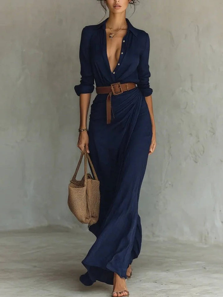 Kiara - Vestido maxi de manga larga con cuello solapa