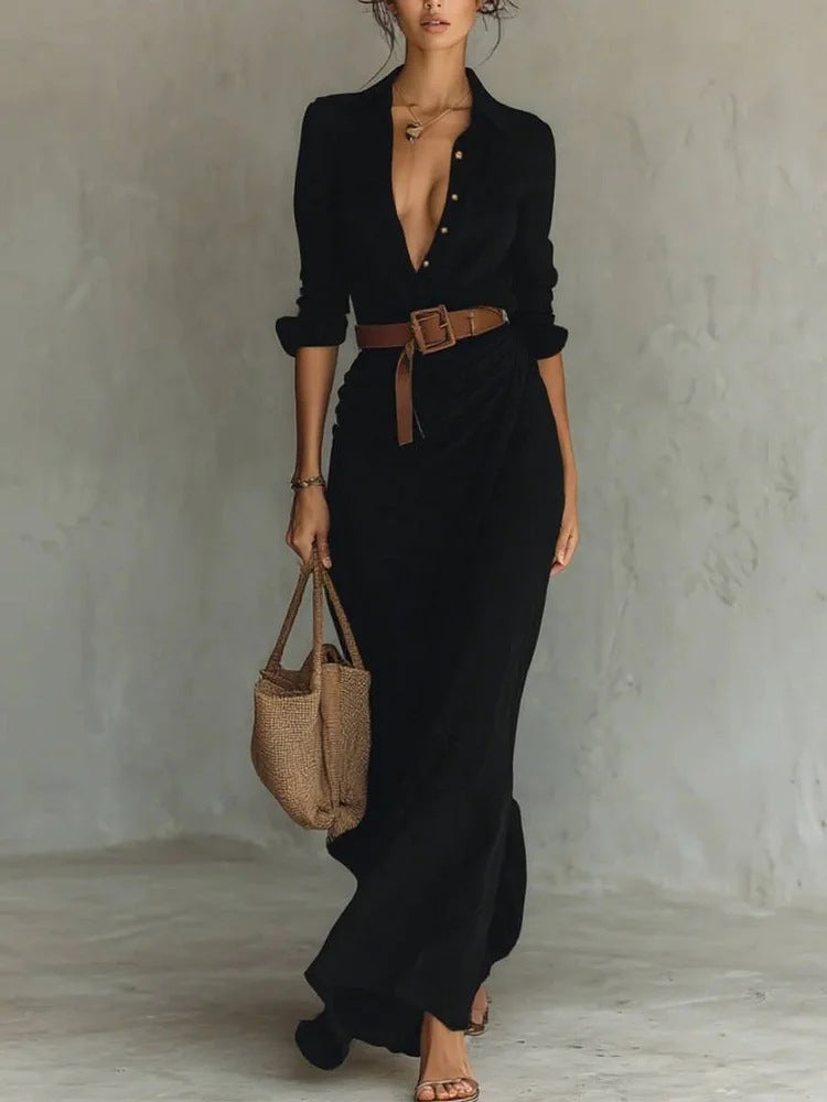 Kiara - Vestido maxi de manga larga con cuello solapa