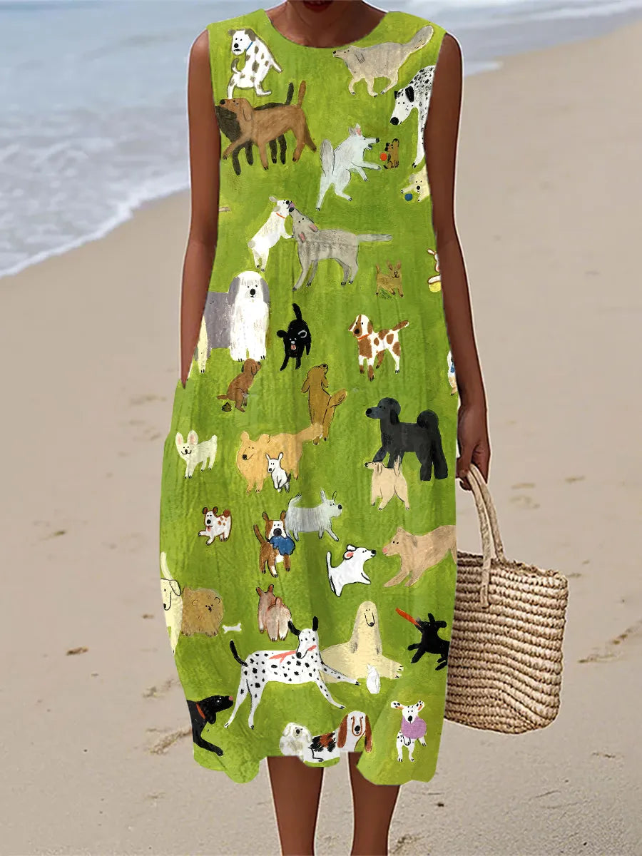 Isabella | Vestido Midi com Estampa de Cachorro Estilo Pintura a Óleo