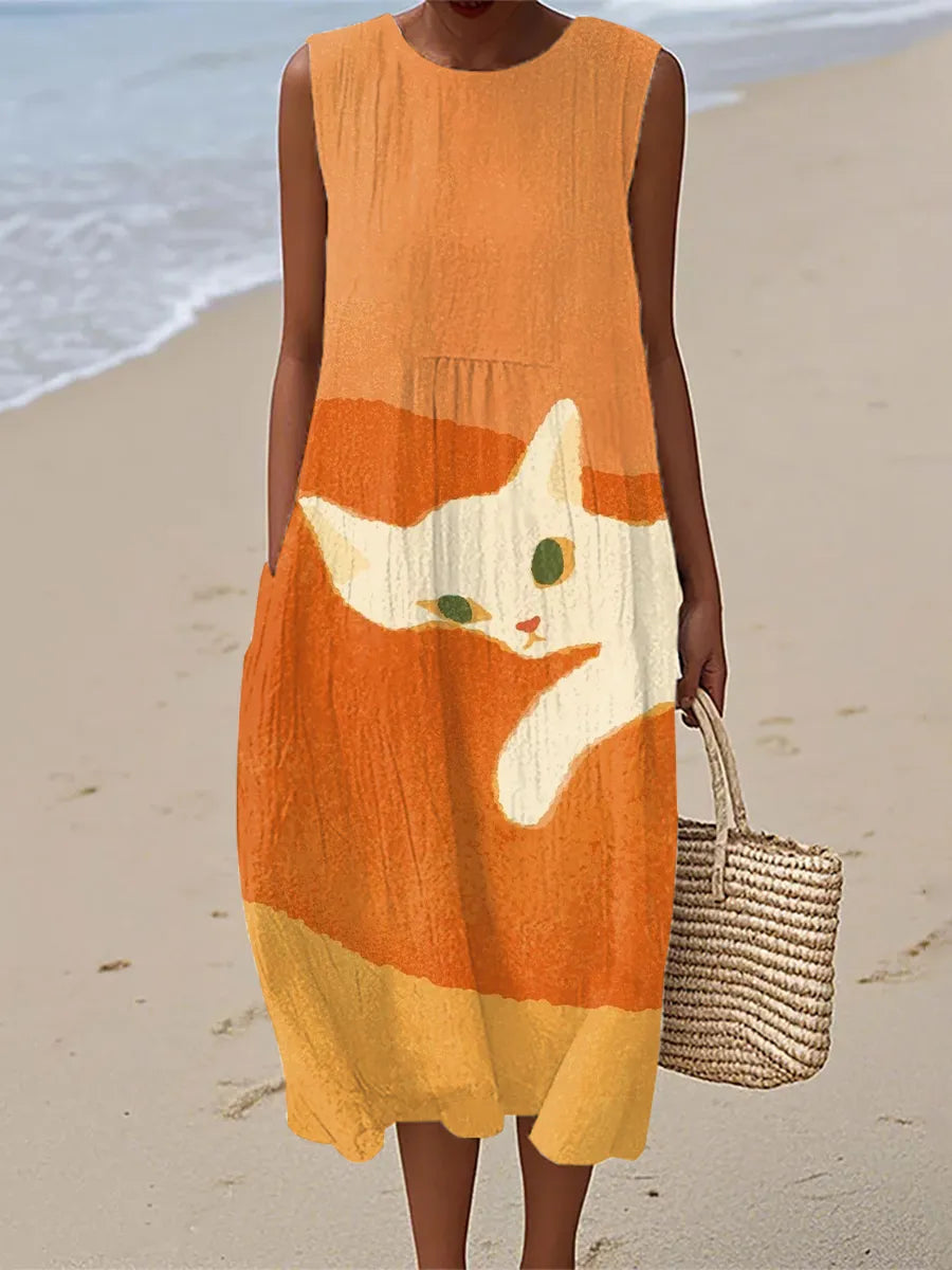 Ella | Vestido Midi con Estampado de Arte Felino