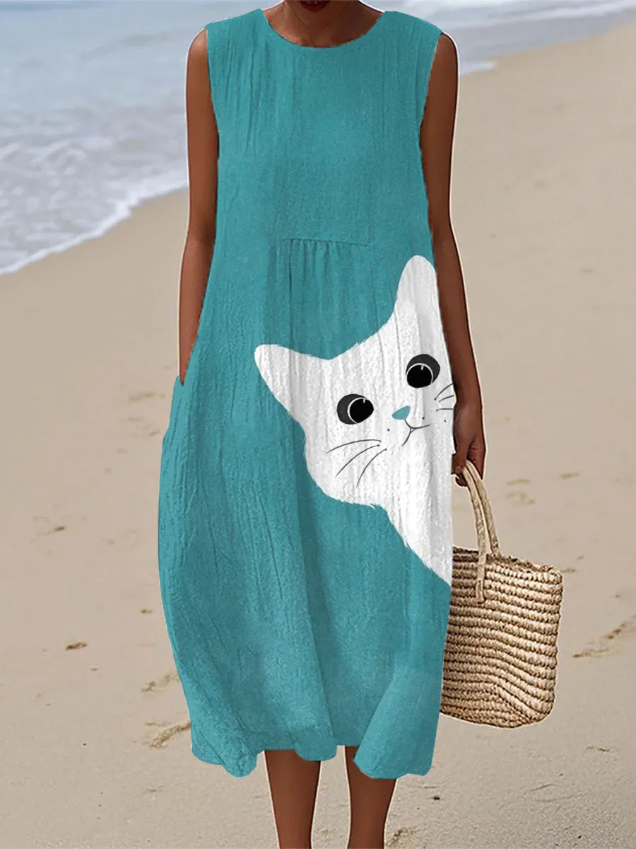 Anna | Vestido Midi con Diseño de Gato Adorable