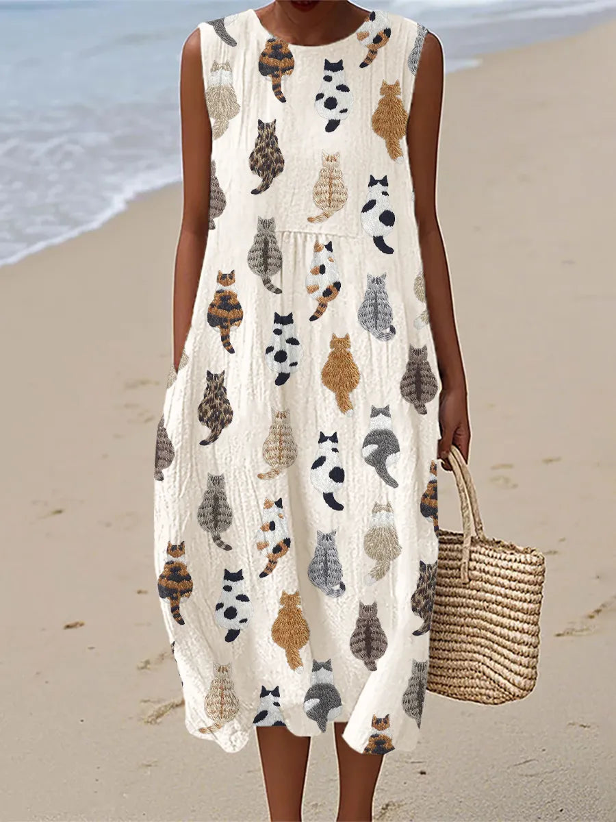Allison | Vestido Midi con Diseño de Gatos Adorables