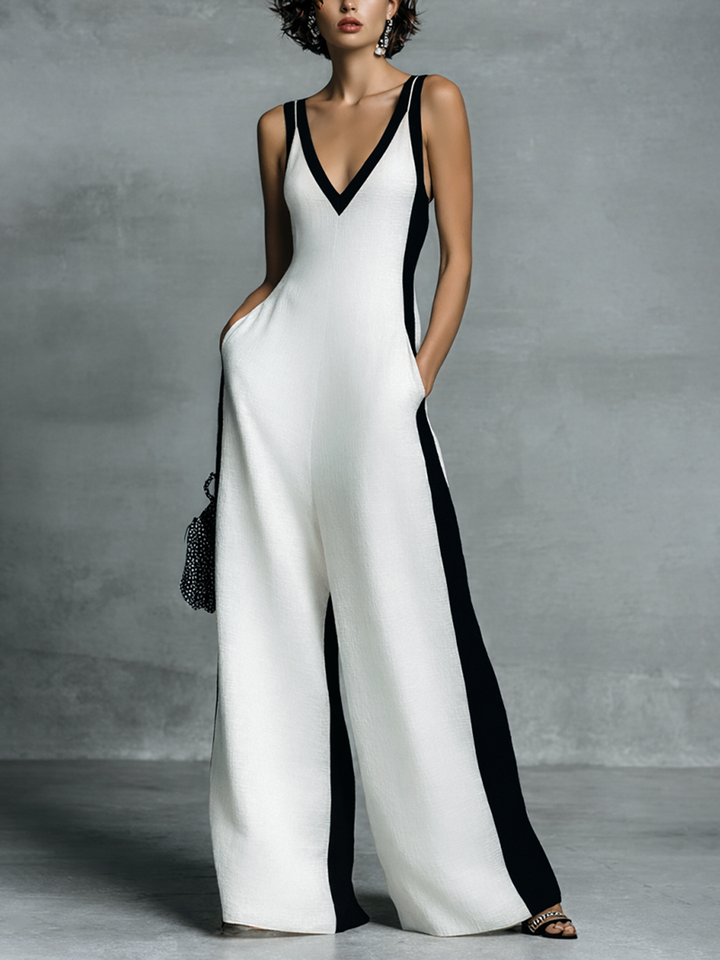 Celine | Mono de Pierna Ancha Bicolor en Blanco y Negro