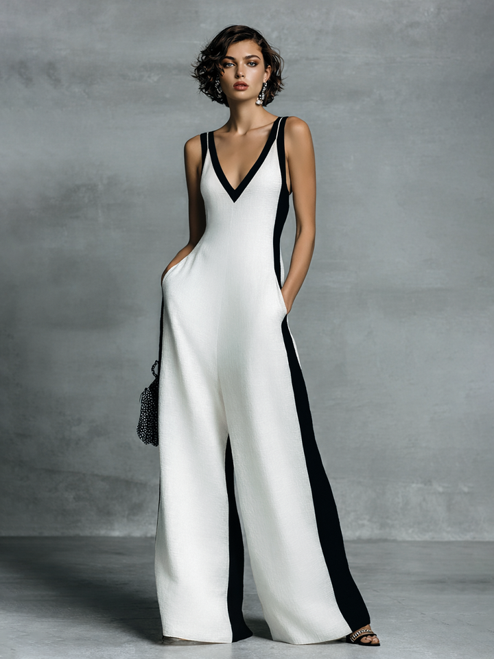 Celine | Mono de Pierna Ancha Bicolor en Blanco y Negro
