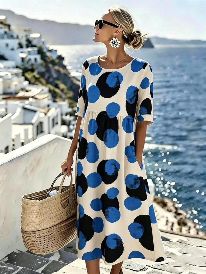 Celeste™ | Vestido Midi de Lunares Marinos