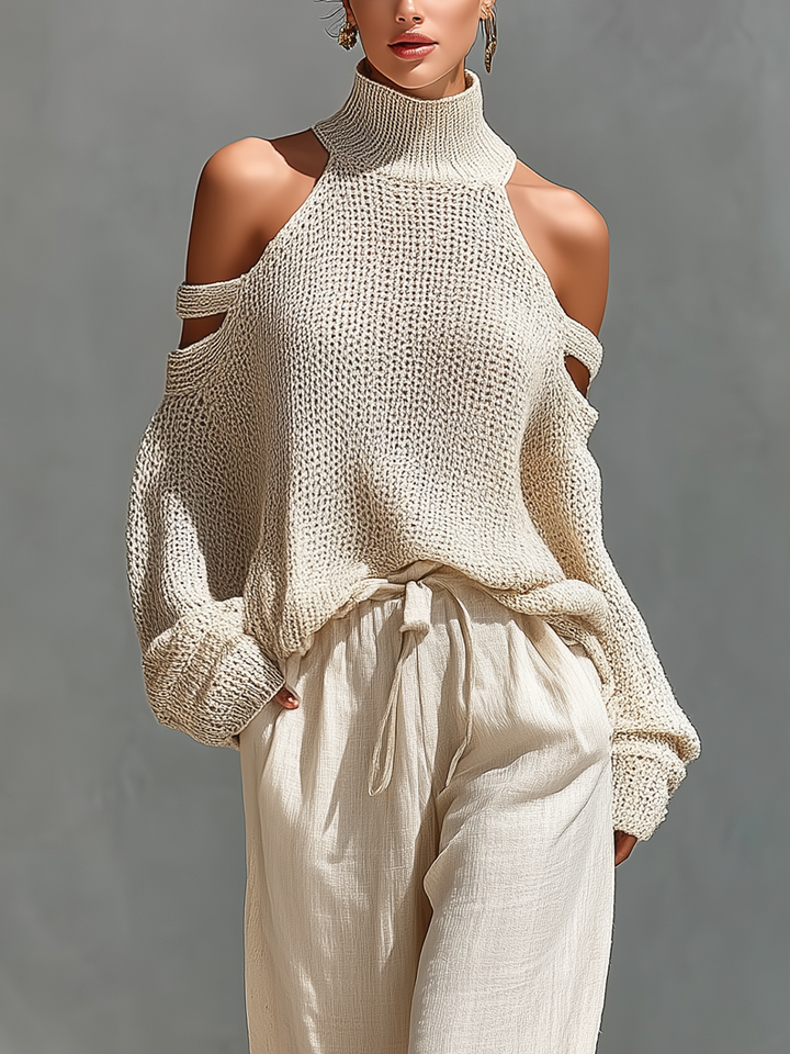 Thalia - Conjunto Beige de Top de Punto con Hombros Descubiertos y Pantalones de Pierna Ancha