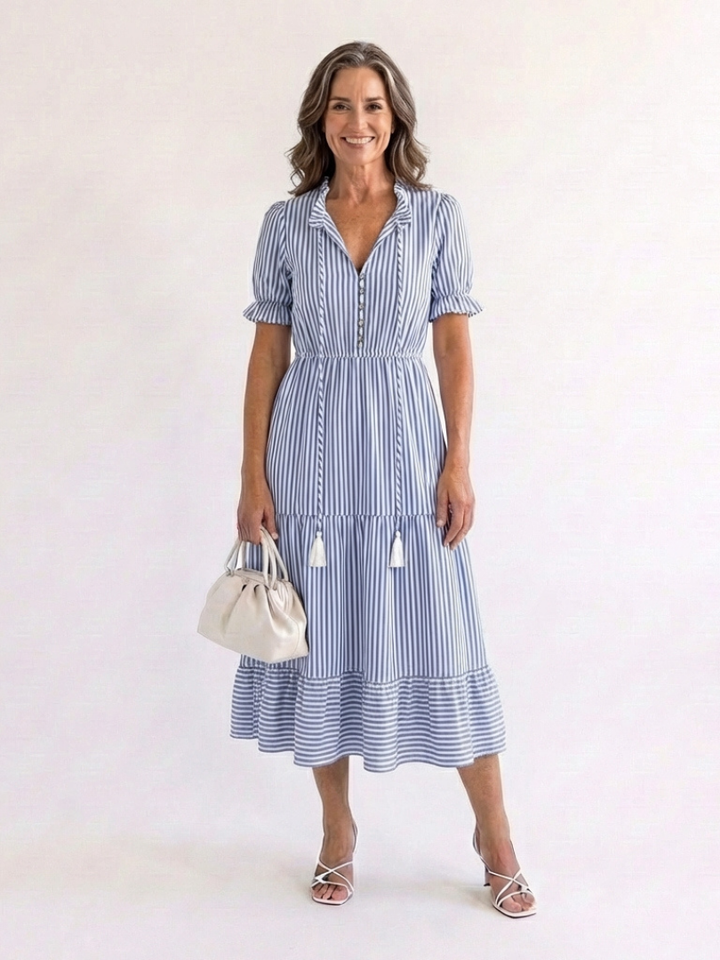 Dakota | Vestido midi a rayas con volantes y manga corta