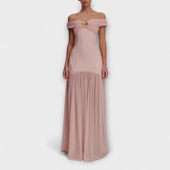 Maelie - Elegante vestido maxi bodycon sin tirantes con adornos florales