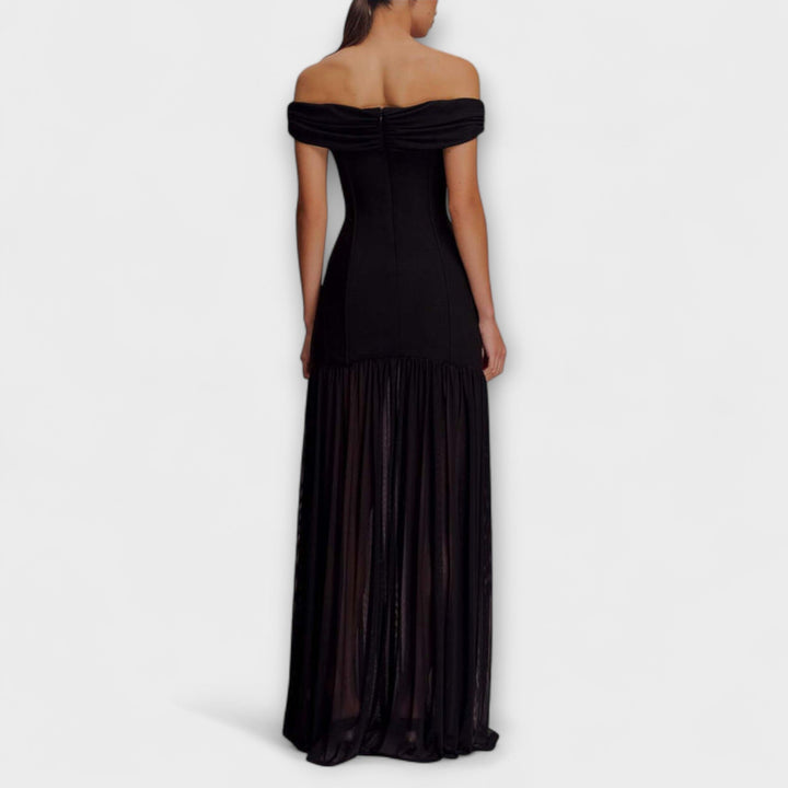 Maelie - Elegante vestido maxi bodycon sin tirantes con adornos florales