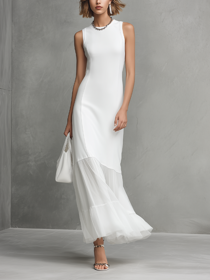 Vestido Blanco Sin Mangas Elegante para Mujeres con Detalles de Seda de Leche y Chifón